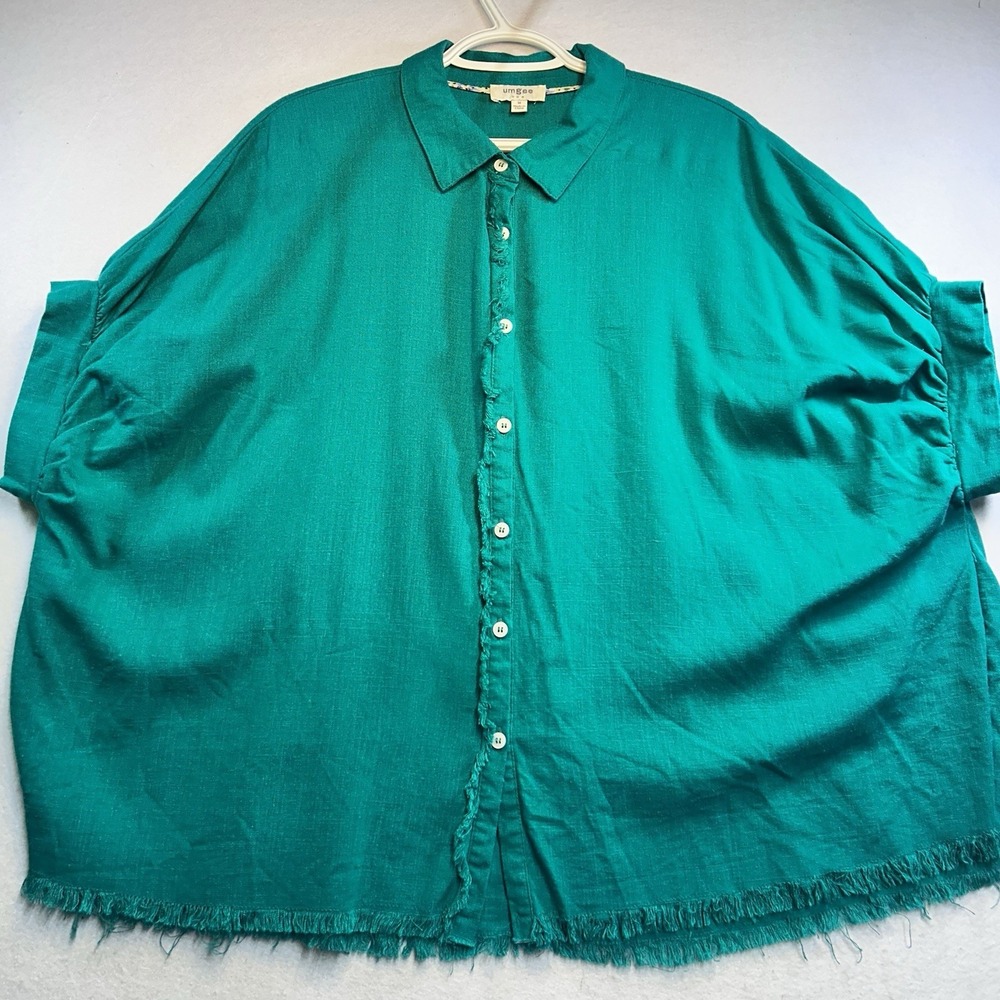 Umgee Linen Oversized Blouse Teal M Raglan Sleeve